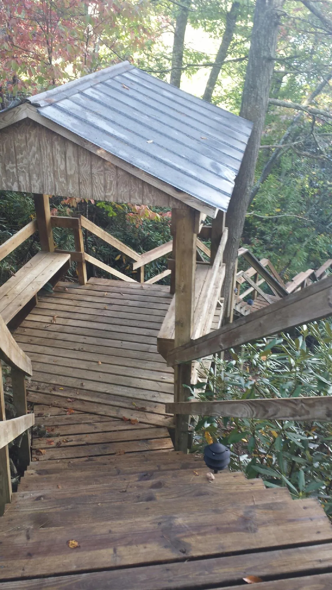 Metal roofed shelter over wooden steps on a wooded walkway — Skylight Repair & Installation work by our crew in Grand View